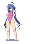  &gt;_o 2016 :d ahoge alternate_hairstyle bad_id bad_twitter_id blue_hair blush competition_swimsuit covered_navel dated green_eyes hair_ribbon hand_on_hip highleg highleg_swimsuit izumi_konata long_hair lucky_star mizushima_(p201112) mole mole_under_eye one-piece_swimsuit one_eye_closed open_mouth ribbon simple_background smile solo standing swimsuit twintails very_long_hair white_background wide_hips 