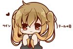  black_serafuku bloom2425 blush_stickers brown_hair chibi gradient_hair holding holding_hair kantai_collection multicolored_hair murasame_(kantai_collection) neckerchief red_eyes red_neckwear school_uniform serafuku smile solo translated twintails twintails_day 
