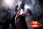  blue_eyes capcom dante_(devil_may_cry) devil_may_cry devil_may_cry_3 gun jacket male_focus red_jacket silver_hair solo weapon white_hair 