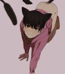  :3 all_fours animal_ears ass back bangs barefoot black_hair blurry bottomless brown_eyes cat_ears cat_tail cat_teaser closed_mouth depth_of_field downblouse e7_(runaway162) extra_ears from_above hair_between_eyes highres hood hood_down hoodie kemonomimi_mode long_sleeves looking_at_viewer looking_up male_focus matsuno_todomatsu osomatsu-kun osomatsu-san sanpaku shade simple_background solo spine tail 