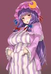  absurdres bad_id bad_pixiv_id blue_bow blue_ribbon blush bow breasts crescent dress fang frilled_sleeves frills hair_ribbon hat hat_ribbon highres large_breasts long_hair looking_at_viewer mob_cap open_mouth patchouli_knowledge plump po._(medamaoyazi) purple_eyes purple_hair red_bow red_ribbon ribbon simple_background solo striped striped_dress touhou very_long_hair 