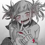  1girl bangs blunt_bangs blush boku_no_hero_academia cardigan double_bun fangs female gradient gradient_background komiya_harumoto messy_hair monochrome open_mouth school_uniform serafuku sleeves_past_wrists slit_pupils smile solo spot_color toga_himiko upper_body white_background 