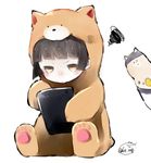  amayadori_machi animal_costume bad_id bad_pixiv_id bear bear_costume black_hair blush brown_eyes chita_(ketchup) cosplay costume_switch japanese_clothes kumai_natsu kumamiko long_hair tablet twintails 