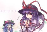  2girls apron bdsm blue_hair blurry blush bound bound_wrists bow capelet cocked_eyebrow depth_of_field dress embarrassed finger_to_mouth food food_on_head fruit fruit_on_head hat hat_bow hat_ribbon hinanawi_tenshi leaf long_hair multiple_girls nagae_iku object_on_head peach purple_hair red_eyes ribbon ryogo touhou uneven_eyes very_long_hair waist_apron |_| 