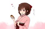  annin_musou bangs bow brown_eyes brown_hair chocolate_cornet commentary drill_hair eyebrows eyebrows_visible_through_hair food hair_bow hair_up harukaze_(kantai_collection) holding holding_food japanese_clothes kantai_collection kimono meiji_schoolgirl_uniform open_mouth parted_bangs pink_kimono sidelocks smile solo translated twin_drills upper_body wide_sleeves 