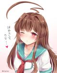  ahoge bad_id bad_pixiv_id bangs blush brown_eyes brown_hair closed_mouth commentary_request heart heart-shaped_pupils kantai_collection kiss_day kuma_(kantai_collection) long_hair masayo_(gin_no_ame) neckerchief one_eye_closed school_uniform serafuku short_sleeves solo symbol-shaped_pupils translated trembling twitter_username waiting_for_kiss 