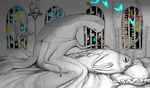  butterfly eyes_closed fruit indoors lying mermaid no_humans on_bed on_side original parallela66 partially_colored pillow scales stained_glass 