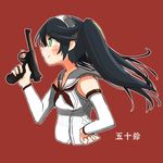  bad_id bad_twitter_id black_hair commentary detached_sleeves green_eyes gun hairband hand_on_hip handgun holding holding_gun holding_weapon isuzu_(kantai_collection) kantai_collection kitsuneno_denpachi lowres nambu_type_14 neckerchief pistol school_uniform serafuku sketch solo translated trigger_discipline twintails weapon 