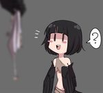  1girl ? bangs bare_shoulders black_hair black_wings blurry blush_stickers chibi cowboy_shot dark_souls_iii depth_of_field feathered_wings feathers grey_background harpy holding iwbitu-sa midriff monster_girl notice_lines open_mouth personification pickle_pee_pump-a-rum_crow short_hair simple_background smile solo_focus souls_(from_software) speech_bubble winged_arms wings |_| 