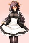  alternate_costume apron black_hair black_legwear blush breasts closed_eyes commentary_request dress enmaided frills gradient gradient_background hair_ornament hairband hairclip haruna_(kantai_collection) headgear highres impossible_clothes juliet_sleeves kantai_collection large_breasts long_hair long_sleeves maid pantyhose puffy_sleeves remodel_(kantai_collection) skirt skirt_hold smile solo tsukui_kachou waist_apron 