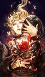  absurdres black_hair blonde_hair broken bruno_buccellati bug butterfly crying earrings flower giorno_giovanna grey_eyes highres hug insect jewelry jojo_no_kimyou_na_bouken male_focus multiple_boys petals plant raya_na_chiangmai rose rose_petals streaming_tears tears upper_body vines 