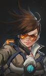  brown_hair goggles highres jang_ju_hyeon overwatch short_hair sketch smile solo tracer_(overwatch) 