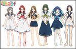  ankle_ribbon anklet barefoot black_border black_hair blue_eyes blue_hair border bow brown_hair dress green_eyes green_hair grey_eyes grey_hair hair_bow hat jewelry lineup low_twintails matsuki_(mikipingpong) multiple_girls original pleated_skirt red_eyes red_hair ribbon sailor_collar sailor_dress sailor_hat shorts skirt smile twintails yellow_eyes 