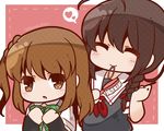  ^_^ ahoge arm_warmers black_serafuku bloom2425 braid brown_eyes brown_hair chibi closed_eyes closed_mouth hair_brush hair_over_shoulder heart kantai_collection long_hair michishio_(kantai_collection) multiple_girls open_mouth remodel_(kantai_collection) school_uniform serafuku shigure_(kantai_collection) short_hair short_sleeves single_braid smile spoken_heart twitter_username 