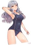  arm_behind_head armpits breasts cleavage hairband highres idolmaster idolmaster_(classic) long_hair looking_at_viewer medium_breasts one-piece_swimsuit purple_eyes shijou_takane silver_hair simple_background solo swimsuit tuxedo_de_cat white_background 