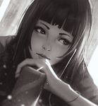  bangs blunt_bangs blurry bokeh cafe can depth_of_field dutch_angle expressionless greyscale guweiz ilya_kuvshinov_(style) lips long_hair looking_to_the_side monochrome nose original solo upper_body 