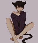  animal_ears bangs bare_shoulders barefoot between_legs black_hair blurry blush bottomless brown_eyes cat_ears cat_tail collarbone covering covering_crotch depth_of_field e7_(runaway162) extra_ears hair_between_eyes hand_between_legs highres hood hood_down hoodie kemonomimi_mode long_sleeves looking_away looking_to_the_side male_focus matsuno_ichimatsu messy_hair off_shoulder osomatsu-kun osomatsu-san purple_background simple_background sitting solo surgical_mask tail 