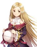  bangs bare_shoulders blonde_hair breasts brown_eyes cleavage cleavage_cutout diola_(granblue_fantasy) frills granblue_fantasy hat hat_removed headwear_removed holding holding_hat kurage_(kurakurapix) long_hair looking_to_the_side medium_breasts parted_bangs smile solo very_long_hair 