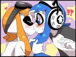  2girls blue_eyes blue_hair blush commentary_request domino_mask eromame eyebrows goggles goggles_on_head headphones heart inkling kiss long_hair mask multiple_girls orange_hair pulled_by_another pulling splatoon_(series) splatoon_1 surprised tears tentacle_hair thick_eyebrows white_skin yuri 