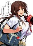  bag blush brand_name_imitation breasts brown_hair coca-cola fang gen_(black_factory) huge_breasts long_hair open_mouth ponytail school_uniform smile solo translation_request uniform 
