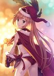  ass box brown_hair cape christmas clarisse_(granblue_fantasy) from_behind fur-trimmed_cape fur-trimmed_gloves fur_trim gift gift_box gloves granblue_fantasy green_eyes hat holding holding_gift kurage_(kurakurapix) leaf long_hair looking_back pom_pom_(clothes) ponytail santa_hat smile solo very_long_hair 