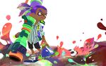  bike_shorts closed_mouth dark_skin dark_skinned_male domino_mask high_ponytail ink ink_tank_(splatoon) inkling inkzooka_(splatoon) inoue_seita male_focus mask monster_boy official_art pointy_ears purple_hair shirt shoes simple_background sneakers socks solo splat_bomb_(splatoon) splatoon_(series) splatoon_1 squid standing striped striped_shirt tentacle_hair wallpaper weapon white_background white_legwear 