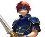  armor blue_eyes fire_emblem fire_emblem:_fuuin_no_tsurugi headgear male_focus nintendo ox_(baallore) pauldrons red_hair roy_(fire_emblem) simple_background sword upper_body weapon white_background 