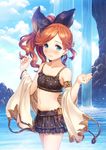  alternate_hairstyle armlet blue_eyes blush bow bracelet cloud day frilled_skirt frills granblue_fantasy hair_bow hair_up jewelry kurage_(kurakurapix) large_bow long_hair midriff navel orange_hair pleated_skirt ponytail sara_(granblue_fantasy) shawl skirt solo water waterfall 