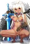  barefoot blush bottomless breastless_clothes breasts dark_skin gloves granblue_fantasy long_hair looking_at_viewer medium_breasts mismatched_pubic_hair navel nipples nude open_mouth planted_sword planted_weapon pubic_hair pussy red_eyes smile solo squatting sword tenken_(gotannda) very_long_hair weapon white_hair zooey_(granblue_fantasy) 