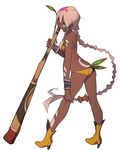  absurdly_long_hair ass bikini bodypaint boots bracelet braid breasts brown_eyes commentary_request dark_skin didgeridoo facepaint from_behind full_body highres jewelry leaf lee_hyeseung long_hair original small_breasts solo swimsuit very_long_hair white_hair 
