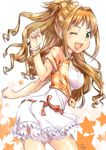  akizuki_wataru bow bracelet cowboy_shot curly_hair dress from_behind hair_bow high_ponytail highres hino_akane_(idolmaster) idolmaster idolmaster_cinderella_girls jewelry light_brown_hair long_hair looking_at_viewer looking_back one_eye_closed open_mouth shirt smile solo star sundress tied_shirt 