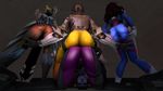  4girls all_fours armor ass ass_grab blue_skin bodysuit boots brown_hair d.va_(overwatch) from_behind from_below gloves headphones long_hair mercy_(overwatch) multiple_girls overwatch platinum_blonde shiny shiny_clothes shiny_hair short_hair skin_tight spandex tracer_(overwatch) widowmaker_(overwatch) 