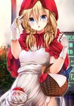  amasora_taichi apple apron basket blonde_hair bottle brass_knuckles bread breasts capelet chestnut_mouth commentary_request food fruit glint gloves grey_eyes hand_in_hair highres little_red_riding_hood little_red_riding_hood_(grimm) long_hair looking_at_viewer low_twintails medium_breasts naked_apron open_mouth original red_capelet see-through solo twintails weapon white_gloves wine_bottle 