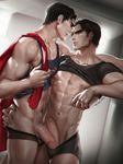  2boys abs ass ass_grab bara black_hair erection frottage grin male_focus multiple_boys muscle naughty_face pecs penis sakimichan smile sweat uncensored underwear undressing yaoi 