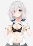  absurdres bad_id bad_pixiv_id blue_eyes blush breasts cleavage eyes_visible_through_hair gloves hair_ornament hair_over_one_eye hairclip hamakaze_(kantai_collection) highres kantai_collection large_breasts navel open_clothes open_shirt school_uniform serafuku shirt short_hair short_sleeves silver_hair solo sweat takehana_note white_gloves 