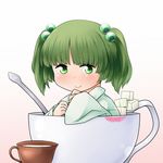  bbb_(33kudo) cream creamer_(vessel) cup gradient gradient_background green_eyes green_hair hair_bobbles hair_ornament hand_on_own_chin in_container in_cup kisume lipstick_mark looking_at_viewer simple_background smile solo spoon sugar_cube teacup touhou twintails 