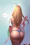  alternate_costume ass back bad_id bad_pixiv_id blonde_hair blue_panties bow bow_panties box candy candy_cane christmas derivative_work downscaled english facing_away food from_behind gift gift_box gloves gradient gradient_background hair_bow heart highres kantai_collection leg_up long_hair no_pants panties red_ribbon resized ribbon shade shimakaze_(kantai_collection) signature solo speech_bubble spoken_blush striped striped_legwear thighhighs thong topless tracyton underwear underwear_only white_bow white_gloves 