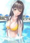  anegasaki_nene bad_id bad_pixiv_id bare_shoulders bikini bikini_top breasts cleavage collarbone day long_hair looking_at_viewer love_plus medium_breasts mole mole_under_eye nannacy7 partially_submerged sky smile solo swimsuit umbrella upper_body water wet wet_hair yellow_bikini 