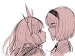  blush cagliostro_(granblue_fantasy) commentary_request djeeta_(granblue_fantasy) granblue_fantasy hairband long_hair looking_at_another multiple_girls nose_blush open_mouth profile sherad short_hair simple_background tears upper_body white_background yuri 