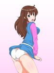  :o ass blue_eyes blush brown_hair dress dress_tug highres kanda_momo legs long_hair long_sleeves looking_back microdress panties short_dress solo taka_(copyrobot) underwear white_panties wonder_momo 