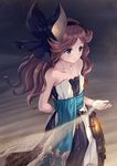  :o arm_behind_back bangs blue_eyes bow collarbone dress granblue_fantasy hair_bow hairband kurage_(kurakurapix) large_bow long_hair parted_bangs red_hair sand sara_(granblue_fantasy) solo strapless strapless_dress wind 