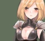  blonde_hair blush breasts brown_eyes cleavage djeeta_(granblue_fantasy) granblue_fantasy green_background looking_at_viewer marksman_(granblue_fantasy) medium_breasts parted_lips sherad short_hair shoulder_pads simple_background solo upper_body 