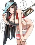  absurdres akagi_(kantai_collection) arrow breasts brown_eyes highres kantai_collection kntrs_(knyrs) large_breasts long_hair muneate object_on_head open_mouth panties panties_on_head quiver simple_background smile solo straight_hair translated underwear white_background 