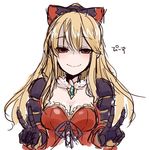  bangs black_bow blonde_hair blush bow breasts cleavage collarbone double_v dress empty_eyes granblue_fantasy hair_bow long_hair looking_at_viewer medium_breasts purple_ribbon red_dress red_eyes ribbon sherad shoulder_pads simple_background smile solo upper_body v vira_lilie white_background 