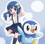  child hikari_(pokemon) kabisuke looking_at_viewer nintendo open_mouth penguin piplup pokemon shiny_skin skirt tongue 