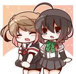  :d ^_^ ahoge arm_warmers black_serafuku black_skirt bloom2425 braid brown_hair chibi closed_eyes cosplay costume_switch double_bun hair_over_shoulder hair_ribbon kantai_collection long_hair michishio_(kantai_collection) michishio_(kantai_collection)_(cosplay) multiple_girls open_mouth pleated_skirt red_ribbon ribbon school_uniform serafuku shigure_(kantai_collection) shigure_(kantai_collection)_(cosplay) short_hair short_sleeves single_braid skirt skirt_tug smile tress_ribbon 