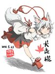  animal_ears black_skirt blush dated detached_sleeves full_body geta hat inubashiri_momiji inuno_rakugaki motion_lines outstretched_arms pom_pom_(clothes) red_eyes red_skirt ribbon_trim running short_hair silver_hair simple_background skirt socks solo tail tokin_hat touhou white_background white_legwear wide_sleeves wolf_ears wolf_tail 