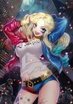  batman_(series) belt blonde_hair blue_eyes blue_hair breasts dc_comics dccu harlequin_(pattern) harley_quinn jacket lipstick long_hair makeup midriff multicolored_hair naughty_face red_hair sequins smile studded_belt suicide_squad tattoo tongue torn_clothes twintails 