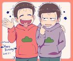  2boys ^_^ black_hair brothers closed_eyes dated hand_on_another's_shoulder happy_birthday heart heart_in_mouth hood hoodie male_focus mask_pull matsuki_(mikipingpong) matsuno_ichimatsu matsuno_osomatsu multiple_boys open_mouth osomatsu-kun osomatsu-san siblings smile star surgical_mask 