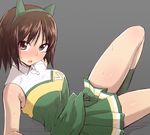  :o animal_ears blush brown_eyes brown_hair cat_ears cheerleader fake_animal_ears green_legwear green_skirt grey_background hairband kadomaru_misa knee_up kneehighs liar_lawyer looking_at_viewer lying nose_blush on_back open_mouth pleated_skirt short_hair simple_background skirt solo sweatdrop thighs uniform world_witches_series 
